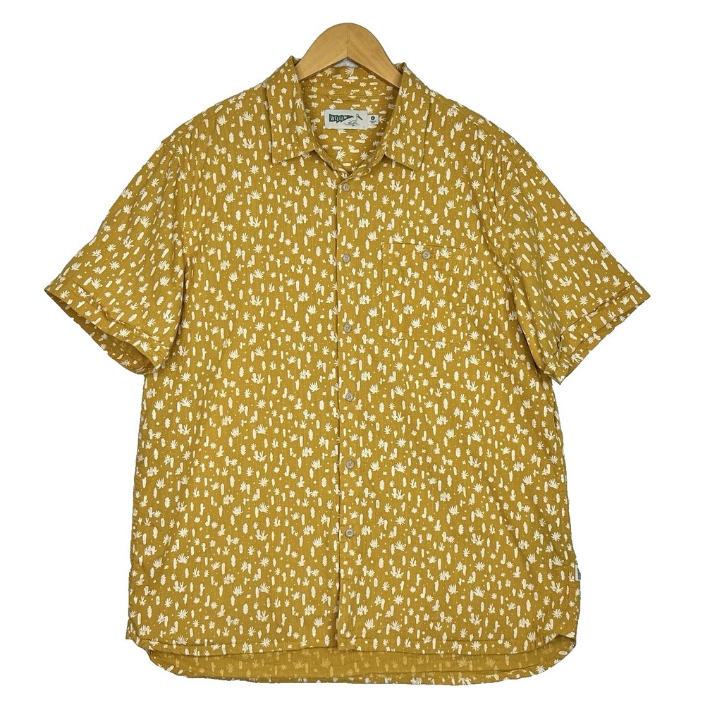 Wellen by Huckberry Organic Cotton Camp Shirt Mens Large Mustard Cactus Print